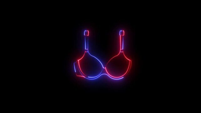Glowing neon Bra icon isolated on black background. Lingerie symbol. fashion Ideal for apparel designs clothing themes fashion branding bra promotions. 4K Video Glowing neon line Bra icon and Woman..