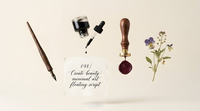 Floating calligraphy set with ink bottle, dropper, wax seal stamp, and wildflowers on a neutral background