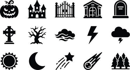 Obraz premium Set of black halloween and nature icons including pumpkin castle gate tombstone cross tree cloud lightning sun moon star and forest isolated on a white background