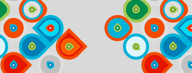 Fototapeta premium Abstract geometric shapes repeat. Circles, squares, teardrops form colorful pattern. Light gray background provides contrast.