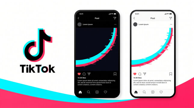 TikTok social media application interface on smartphone screens, dark and light mode. TikTok logo icon with mobile app UI mockup, post screen, likes, profile layout. Editorial vector illustration.