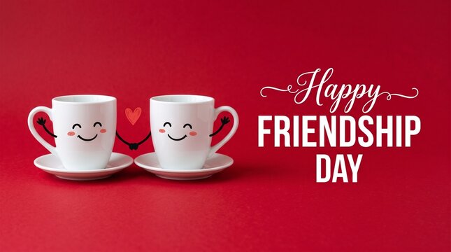 Happy friendship day with two smiling coffee cups on red base