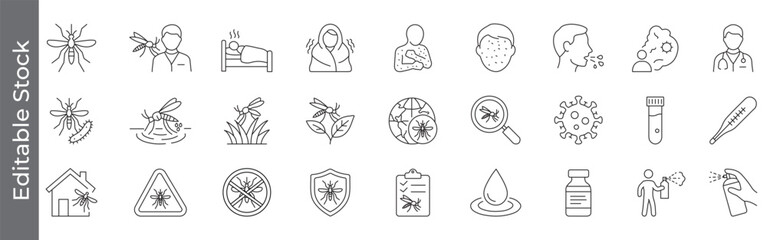 Fototapeta premium Mosquito and malaria disease icon set – editable outline symbols of mosquito bite, dengue, fever, rash, virus, vaccine, spray, protection and tropical disease prevention elements