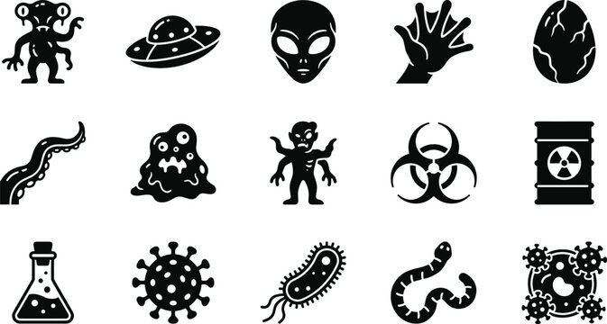 Set of black and white alien space monster and dangerous virus icons