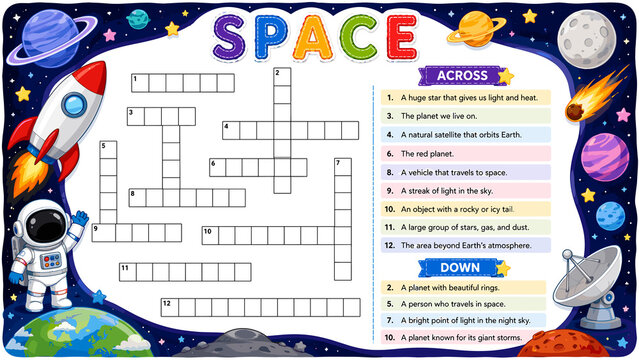 Colorful space crossword puzzle for children. Astronaut waves beside rocket and planet. Stars, moons, and comets decorate the border. Bright letters spell "SPACE" at the top
