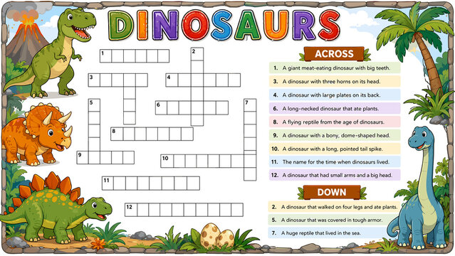 Colorful dinosaur crossword puzzle for kids. Prehistoric creatures surround a bright word grid. Crossword clues match dinosaur facts. Green foliage, rocks, and sun rise