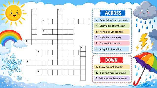 Brightly colored crossword puzzle for children. Sun, rain, clouds, and rainbow add playful charm. Puzzle features weather-related clues and answers. Ideal for classrooms, learning centers