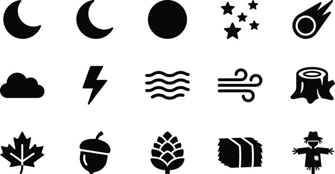 Set of black weather and nature icons including moon, stars, cloud, lightning, wind, leaf, acorn and scarecrow