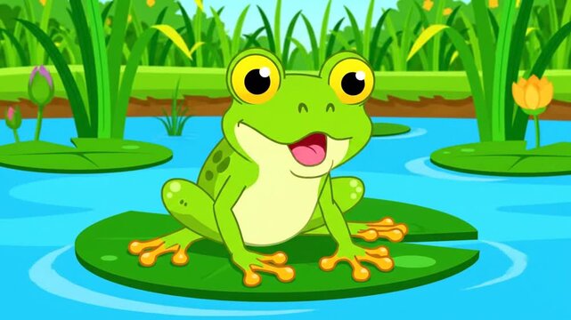 Cartoon Frog on Lily Pad.