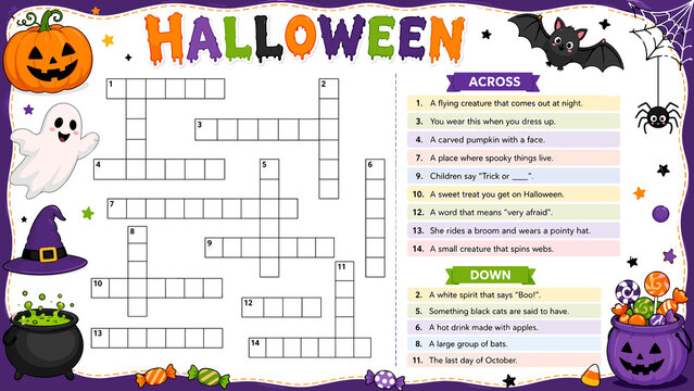 Colorful Halloween crossword puzzle with spooky decorations. Cute ghosts, bats, pumpkins, and witch hats surround the grid. Vibrant purple, orange, and green tones create festive energy