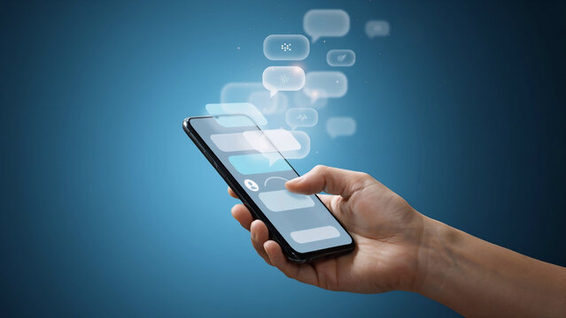 Human hand interacting with a modern smartphone featuring floating generic AI communication elements on a sleek blue background, representing smart digital assistance and business technology