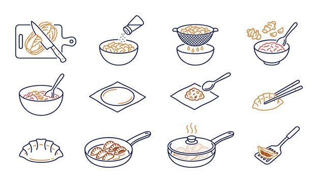 Cooking process icons for homemade gyoza and dumplings in line art