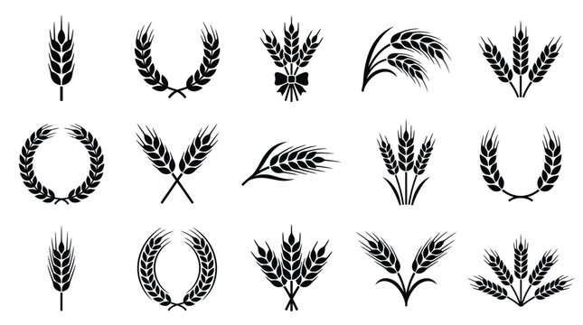 Diverse collection of black wheat stalks and various grain ear silhouettes arranged in multiple artistic patterns and symbolic circular wreath shapes for agricultural branding design projects presente
