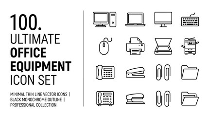 Fototapeta premium Minimalist Black Monochrome Outline Icons Set of 100 Ultimate Office Equipment Illustrations with high quality professional line art symbols for modern creative design and digital branding projects