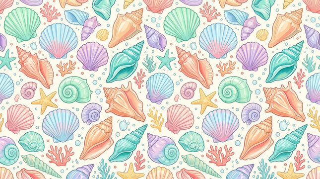 Vibrant ocean seamless pattern with colorful seashells starfish coral