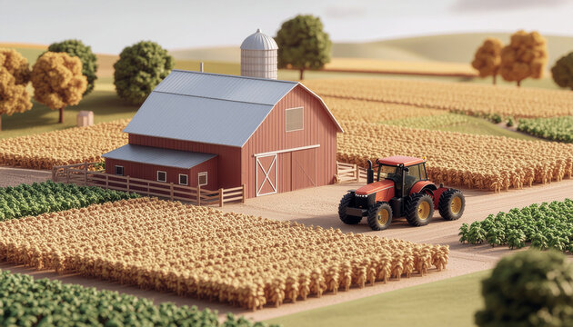 Farm scene with tractor and barn