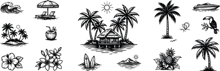 Tropical island vacation including palm trees beach hut ocean waves and toucan © MDSHAHIN