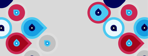Naklejka premium Abstract design features colorful circles, droplets. Blue, red shades dominate light gray background. Modern, simple aesthetic.