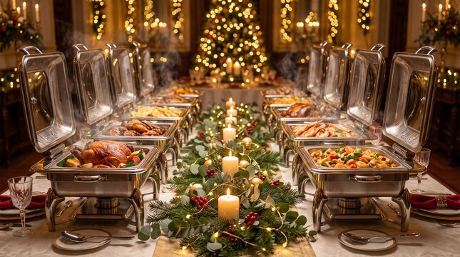 Elegant christmas dinner table with food and decorations