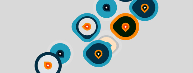 Fototapeta premium Abstract circles overlap, creating dynamic visual composition. Colors include blue, orange, gray, white. Pin icons suggest location services.