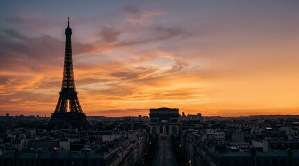 Obraz premium Majestic Eiffel Tower and Arc de Triomphe dominate the Parisian skyline under a breathtaking, fiery sunset, painting the cityscape with vibrant hues of orange and gold as twilight descends upon