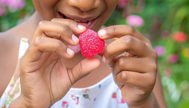 Child eagerly unwraps and prepares to bite a bright pink strawberry gummy candy