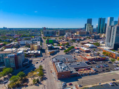 Denver modern city skyline aerial view on Ballpark District facing southeast in downtown Denver, Colorado CO, USA. 