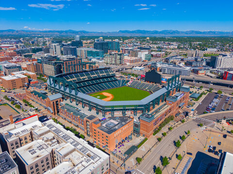 Coors Field aerial view at 2001 Blake Street in downtown Denver, Colorado CO, USA. It's the ballpark of MLB's Colorado Rockies. 