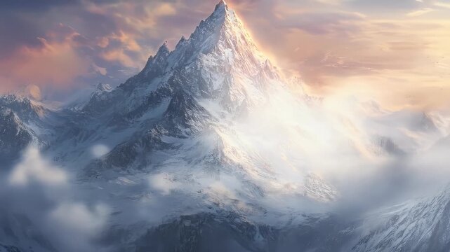 Snowy peaks obscured by dense clouds, hints of sunlight pierce through