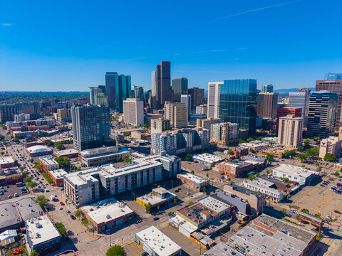 Denver modern city skyline aerial view on Ballpark District facing southeast in downtown Denver, Colorado CO, USA. 