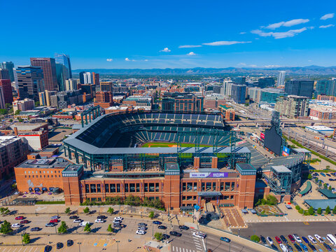 Coors Field aerial view at 2001 Blake Street in downtown Denver, Colorado CO, USA. It's the ballpark of MLB's Colorado Rockies. 