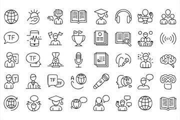 Fototapeta premium Language Education Line Icon Set Featuring Translation, Speech, Learning, and Communication Symbols