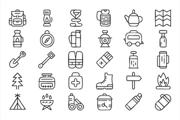 Fototapeta premium Camping Outdoor Adventure Line Icon Set Featuring Tent, Backpack, Campfire, and Hiking Symbols
