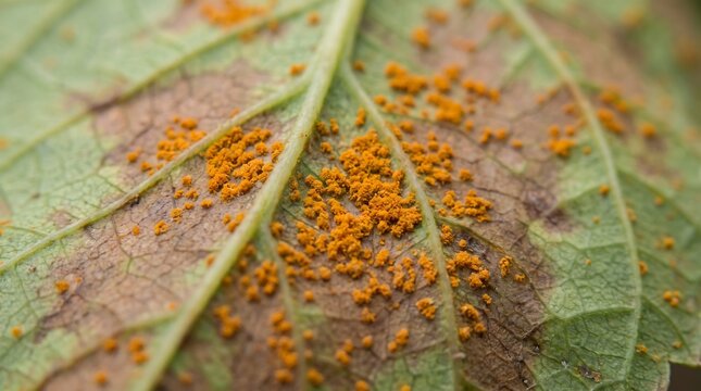 Close up of plant leaf infected with orange rust fungus disease, detailed texture.