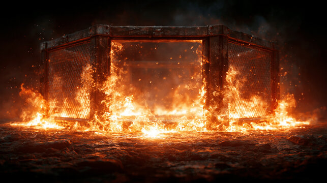 Powerful of fire burning around the Mix martial art stage , epic action background image.