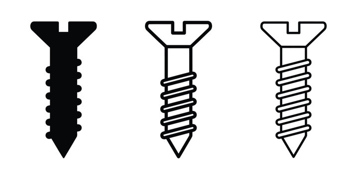 Set of three metal screw icons with flat black and line art style for construction and hardware