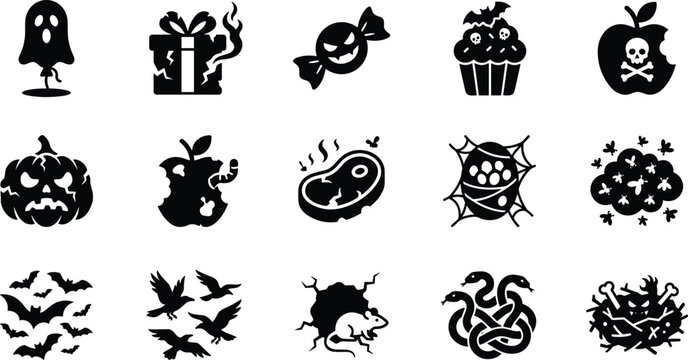 Set of black and white halloween horror icons featuring spooky ghosts pumpkins bats and creepy creatures for holiday celebration