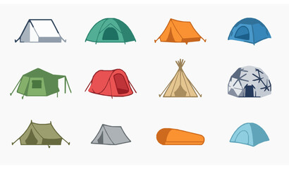 Minimal camping tent vector icons set with outdoor travel and hiking shelter symbols © Milon