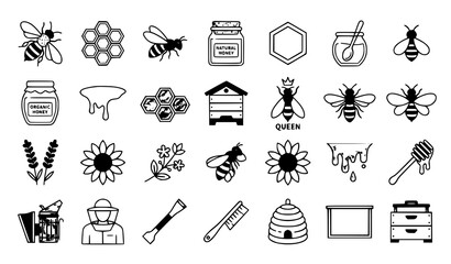 Bee and honey vector icon set with beekeeping honeycomb and apiary symbols © Milon