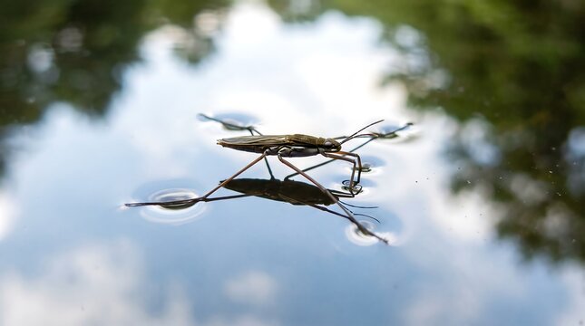 Water strider insect standing on calm water surface showing clear reflection and ripples in nature.