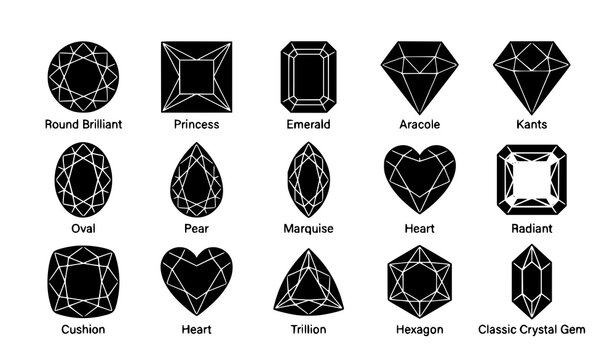 Diamond and gemstone vector icon set with different gem shapes and crystal symbols