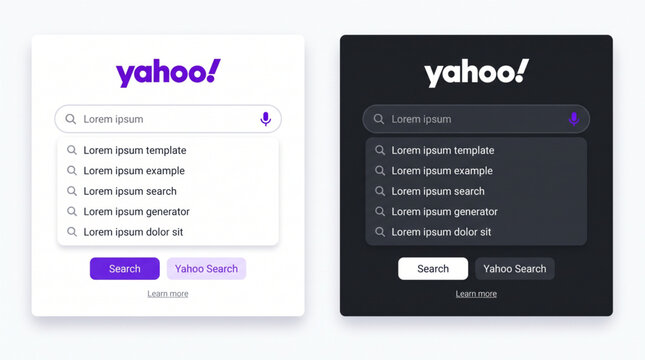 Yahoo search engine interface mockup set including light and dark mode versions. UI UX design template with search bar, autocomplete suggestions, buttons and brand logo. Editorial illustration.
