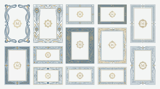 Elegant decorative frames with monogram 'M', art nouveau inspired, blue and gold