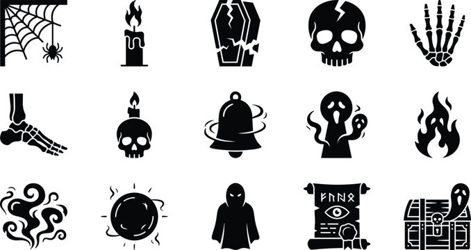 Set of black halloween icons featuring spooky symbols like skulls ghosts spiderwebs coffins and magic scrolls for horror themed graphic designs