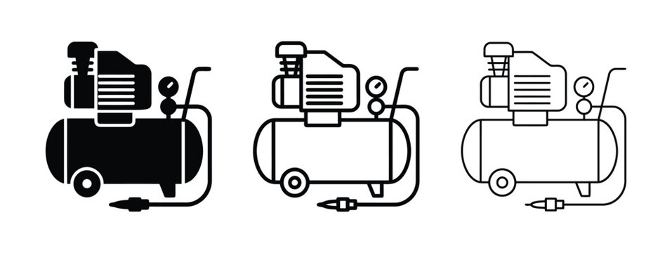 Set of air compressor icons in solid and line art styles