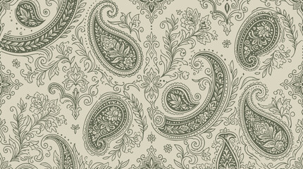 Vintage green paisley floral pattern on cream background © Nisitha
