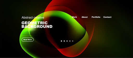 Naklejka premium Abstract geometric background features vibrant overlapping shapes. Dark backdrop highlights colorful fluid design, website navigation visible.