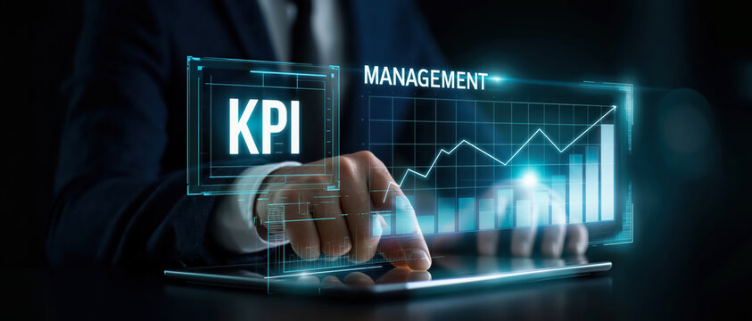 KPI management business technology digital tablet graph data analysis growth businessman finance screen futuristic success chart statistics
