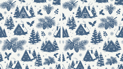 Winter wonderland scene with houses trees and snowflakes