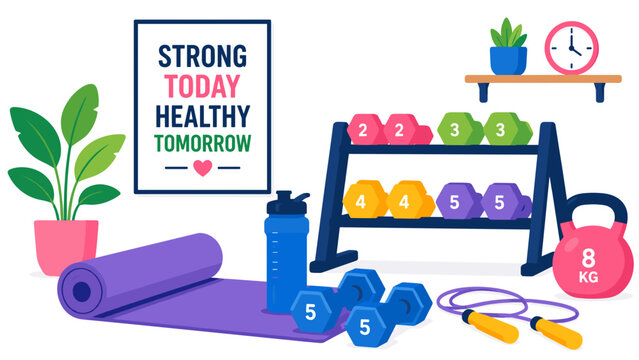 Fitness gear gathers neatly beside a motivational poster. Pink kettlebell, blue dumbbells, and yoga mat rest nearby. Plant and clock add charm to the scene